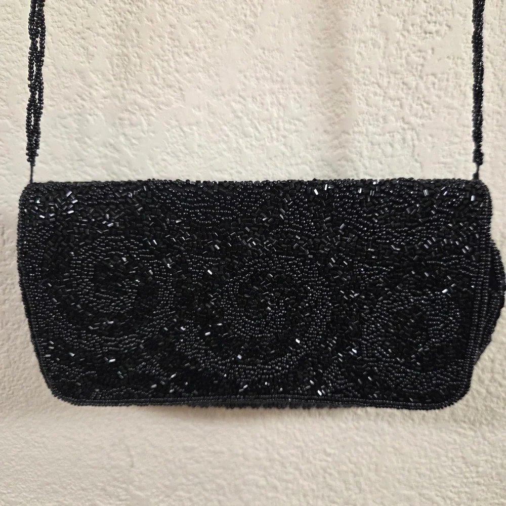La Regale Black Beaded Evening Bag Crossbody Clutch Vintage Style Swirl Pattern
